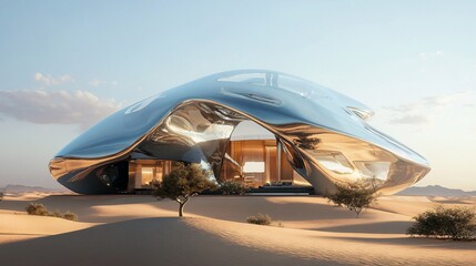Futuristic self-sustaining desert home with advanced propulsion systems, solar panels, oxygen recyclers, and reflective crystal walls, transparent windows showcasing minimalist interior, desert