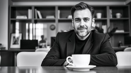 Stylish male office worker with coffee: Black and white imagery for professional networking sites, corporate annual reports, and executive profiles