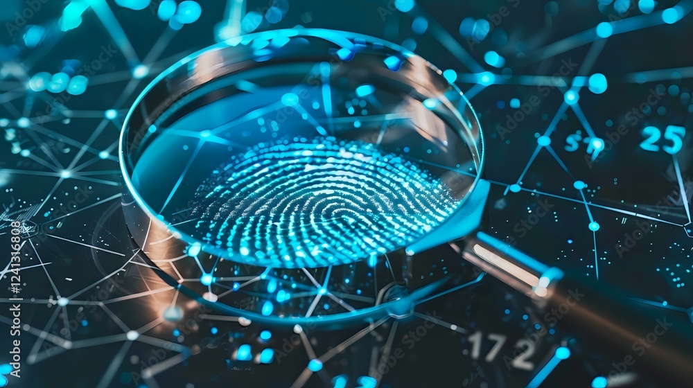 Poster digital fingerprint scan through magnifying glass with glowing blue network connections and data poi