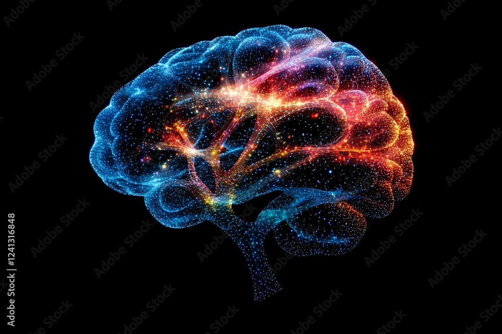 Poster glowing digital brain visualization with blue and orange light effects on black background showing n
