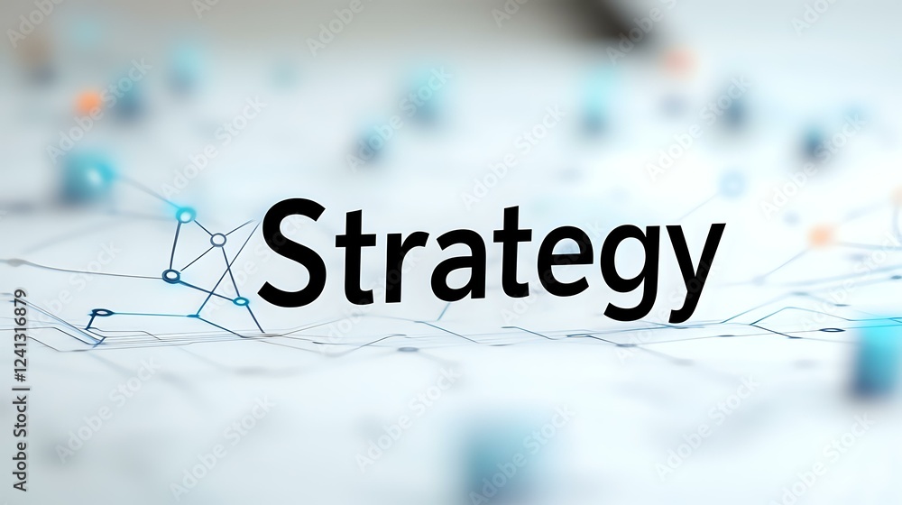 Poster strategy text on white paper with connected dots and lines representing business network and plannin