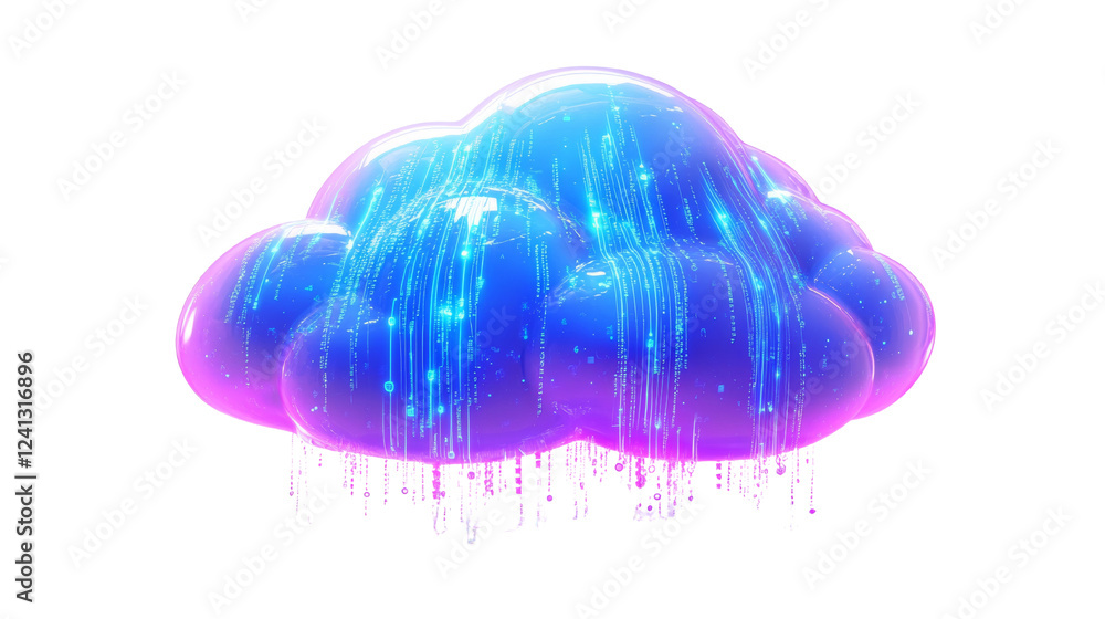 Aufkleber A vibrant digital cloud visualization with glowing data streams cascading downwards representing data flow and storage.