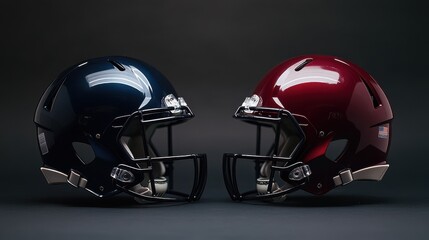 Fototapeta premium Dynamic Football Helmets in Blue and Red Colors Side by Side