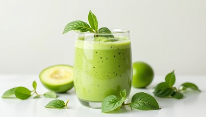 Green smoothie with mint and green apples on white background