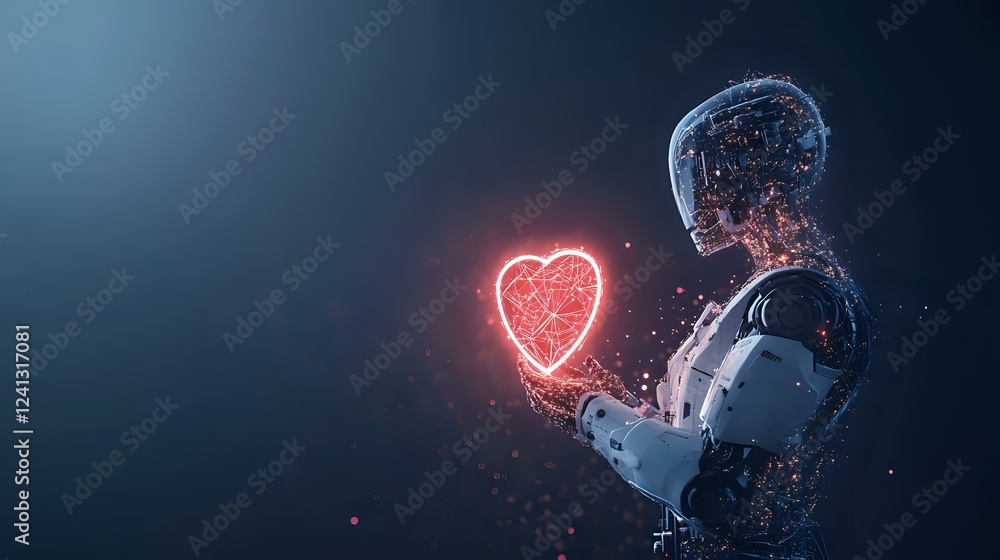 Poster futuristic android holding glowing red heart shape with particles effect against dark background, re