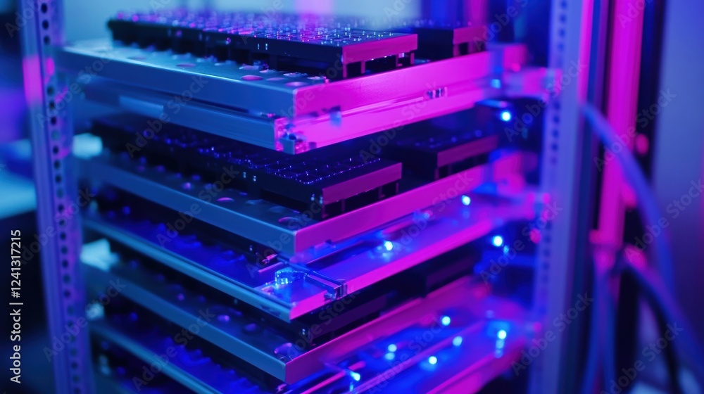 Poster a medium closeup of a stack of sample racks being scanned by a highresolution camera demonstrating t