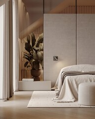 Corner view of classical bedroom interior with bed and mock up beige wall, carpet on hardwood floor. Cozy rest and work zone. Panoramic window on Bangkok skyscrapers. 3D rendering