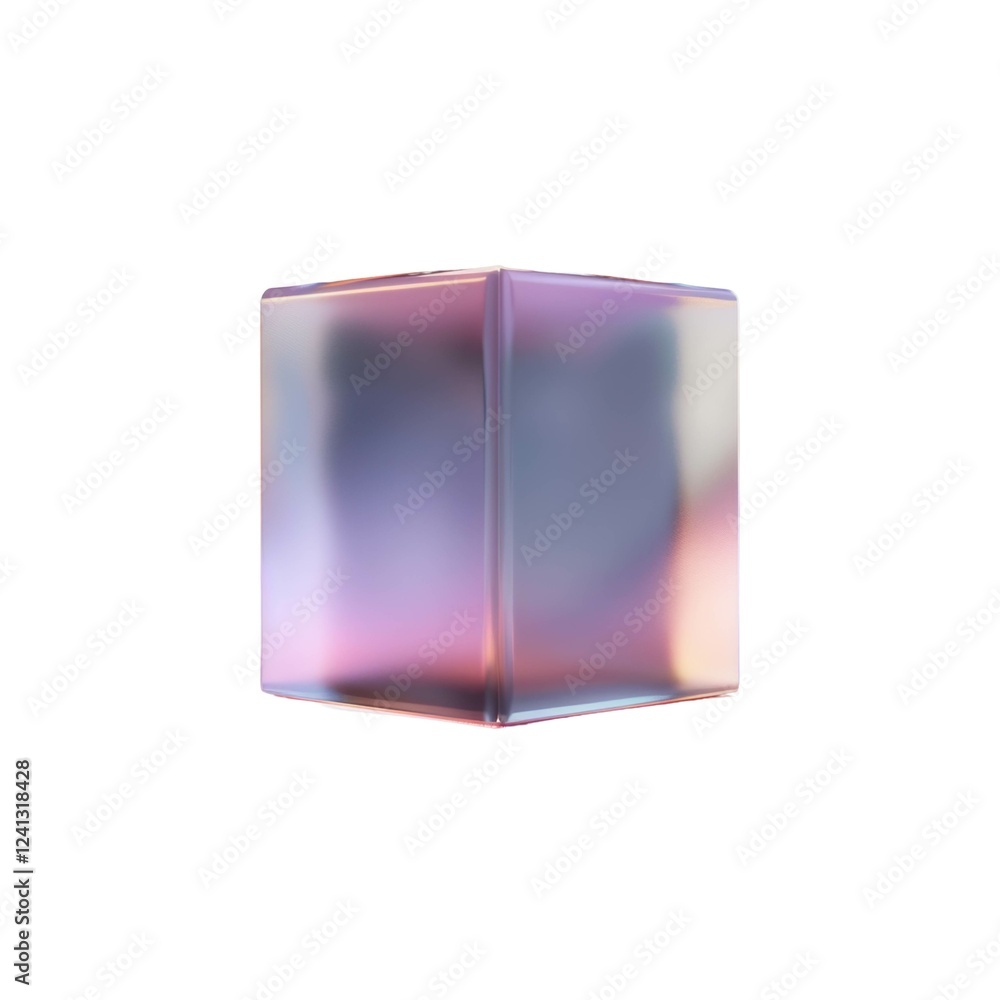 Poster iridescent glass cube with soft colors and translucent edges reflecting light in various shades