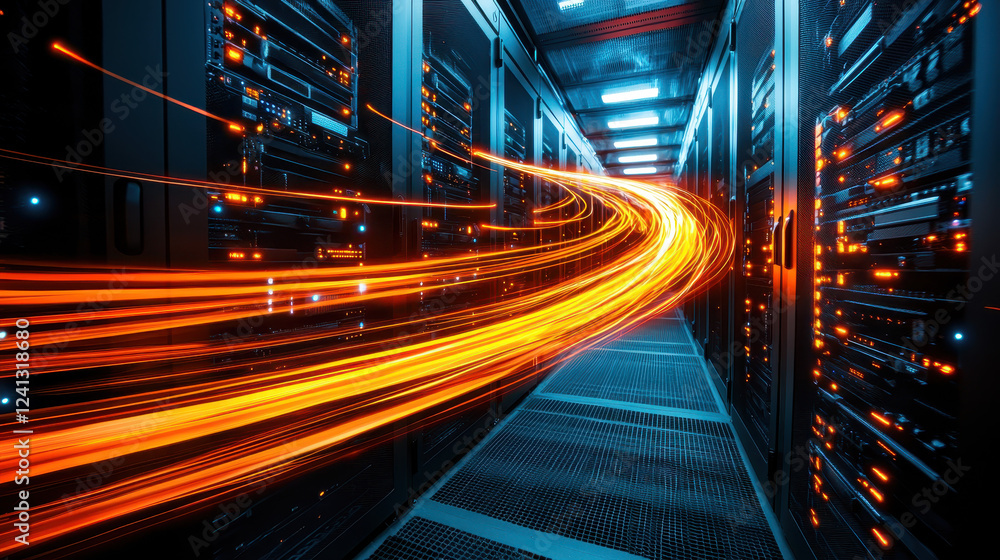 Poster luminous data streams flowing through server room, showcasing technology and speed