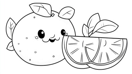 Cute cartoon orange with slice, leaves; coloring page