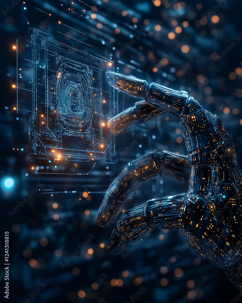 Poster digital hand reaching for data: a metallic robotic hand reaches out towards a glowing data point, it