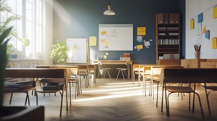 Modern bright classroom interior cheerful inviting well lit learning space colorful decor