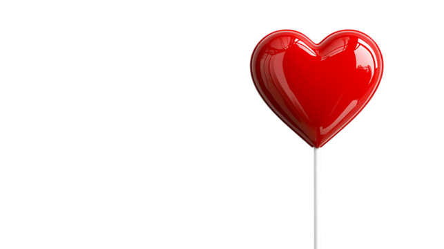 A single red balloon shaped like a heart, floating against a white background.