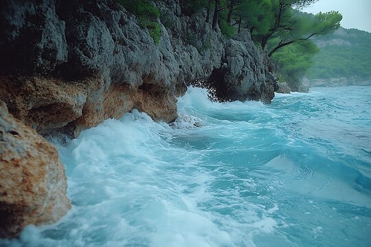 Ocean waves crashing against a rocky coastal cliff