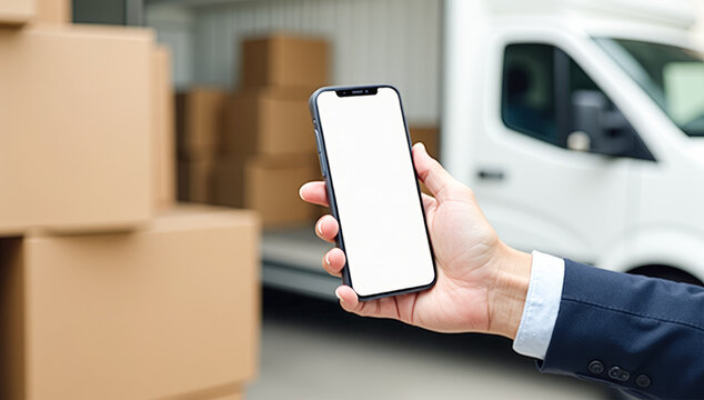A businessman holds a phone in his hands against the background of cardboard boxes with a white van