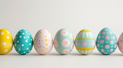 Fototapeta premium Colorful easter eggs arranged in a row on white background celebrating holiday traditions