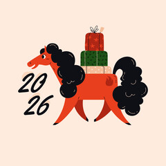 Red fire horse, symbol of Chinese New Year 2026. Animal with colorful gifts. Celebration. Poster, print, greeting card. Vector illustration.