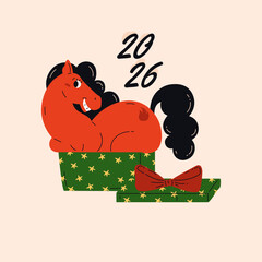 Red fire horse, symbol of Chinese New Year 2026. Animal with green present box and bow. Celebration. Poster, print, card. Vector illustration.