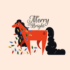 Red fire horse, symbol of Chinese New Year 2026. Animal with colorful light bulbs and garlands. Text Merry and Bright. Celebration. Poster, print, card. Vector illustration.