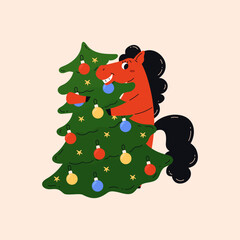 Red fire horse, symbol of Chinese New Year 2026. Animal with green Christmas tree and decorations. Celebration. Poster, print, card. Vector illustration.