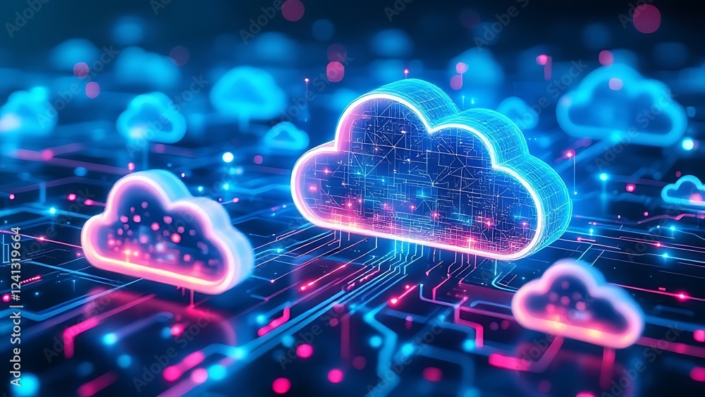 Poster futuristic network of cloud computing and blockchain technology - a vibrant 3d polygonal illustratio