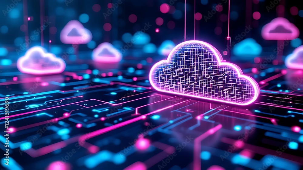 Poster futuristic network of cloud computing and blockchain technology - a vibrant 3d polygonal illustratio