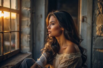 Obraz premium Portrait of a beautiful girl with curly hair at the window of an old house, in which the warm bright sun is shining. A romantic image. Loneliness, emptiness and waiting.