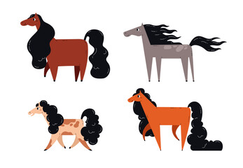 Set of cute farm horses. Domestic, wild animal. Poster, print, card. Flat vector illustration isolated on white background.