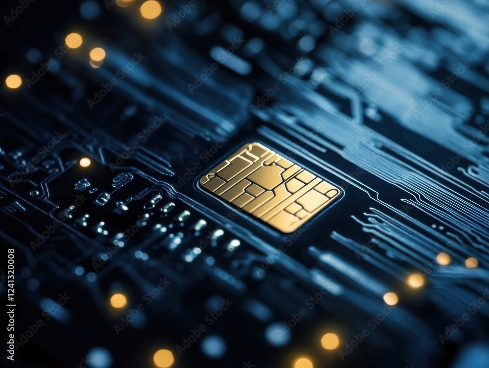 Poster close-up view of a microchip on a circuit board, showcasing intricate designs and glowing connection
