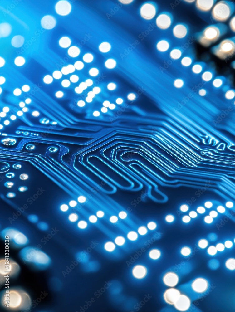 Poster close-up view of a blue circuit board showcasing intricate details and connections, representing mod