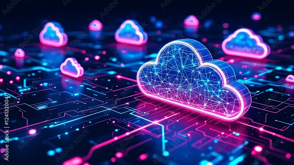 Poster futuristic network of cloud computing and blockchain technology - a vibrant 3d polygonal illustratio