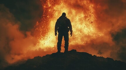 Lone Figure Silhouetted Against Fiery Volcanic Eruption