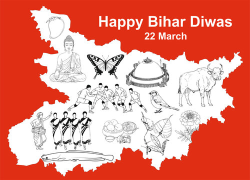 A lively and colorful graphic celebrating Bihar Diwas (Bihar Day) on March 22, featuring a stylized map that highlights Bihar's rich heritage and unique identity through iconic symbols.