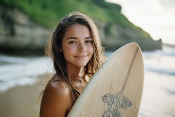 Serene Summer Surfing A Young Woman Embracing Thrilling Ocean Adventures on a Beautiful Sunny Beach, Capturing the Essence of Leisure and Joy in a Coastal Paradise of Waves and Sunshine