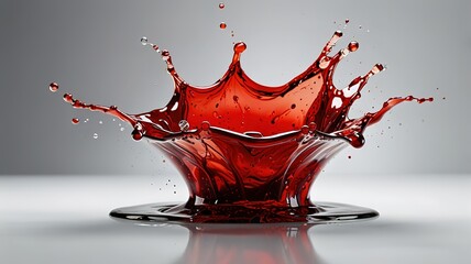 Dramatic splash of red liquid against a soft gray background, showcasing motion and fluid dynamics