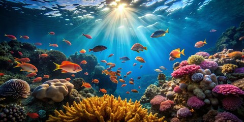 Obraz premium Vibrant Underwater Scene with Colorful Coral and Fish in Ocean Depths