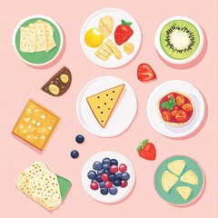 Kid-friendly meals, playful and colorful snacks, top view, flat design illustration