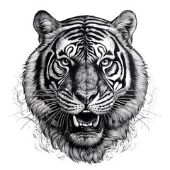 Fototapeta premium Intricately detailed vintage gravure-style tattoo of a roaring tigers head, isolated. Ai Generative