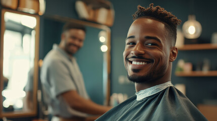 man smiles confidently after getting fresh haircut in barbershop, reflecting satisfaction and style. barber is visible in background, enhancing lively atmosphere