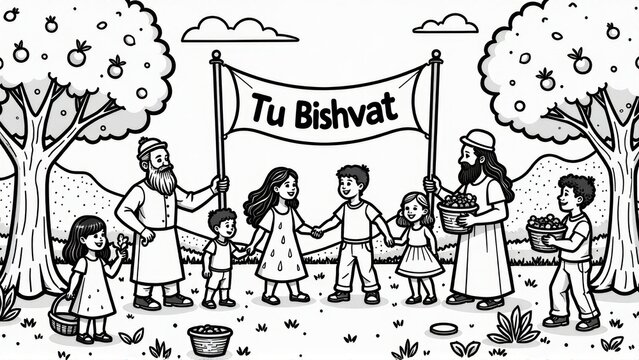 Tu Bishvat Children Celebrating Jewish Arbor Day - Powered by Adobe