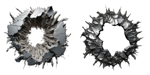 Ragged hole torn in ripped steel metal isolated on transparent background, PNG, Set of
