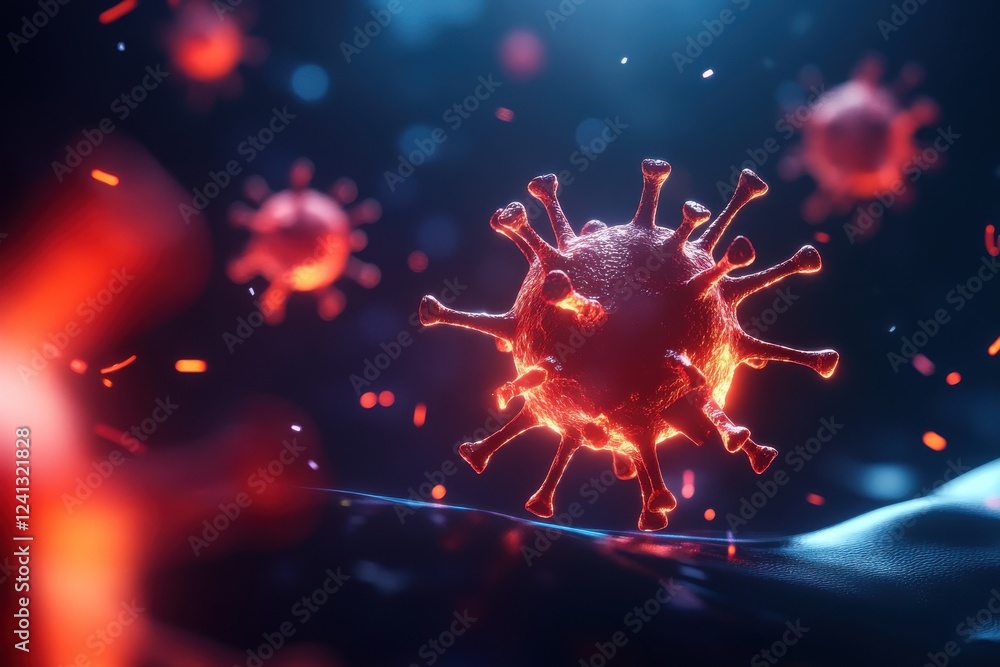 Poster microscopic view of a virus, showcasing its unique structure and intricate details, illustrating the