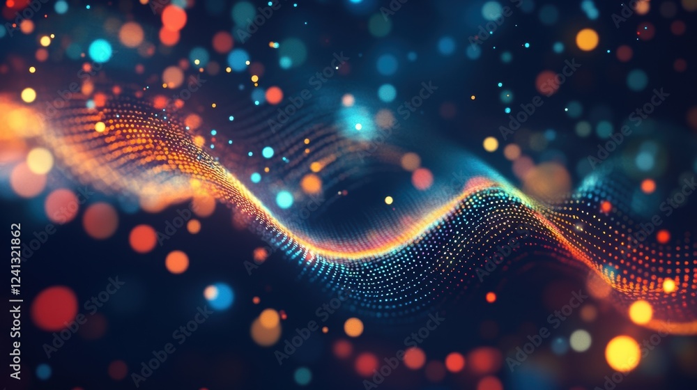 Poster colorful particles swirling and flowing in an abstract wave form, illustrating a dynamic representat