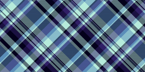 Stylish diagonal plaid pattern in cool blue, purple, and mint tones. Perfect for textile design, website backgrounds, or fashion projects.