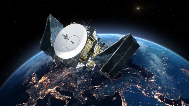 Satellite in Open Space Using its Solar Arrays Beautiful View 3d Animation. Modern Satellite at Earth Orbit for Telecommunication, GPS, Meteorology, Military, Space Exploration. Technology Concept 4k.
