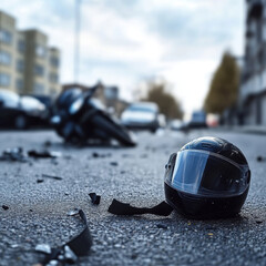 motorcycle accident scene featuring lone helmet on ground, surrounded by debris and fallen motorcycle in background. atmosphere conveys sense of urgency and caution