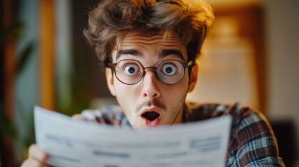 Person looking at paycheck with shocked expression, surprised reaction, financial news, unexpected amount, indoor setting, casual attire, young adult, glasses, astonished face, emotional response
