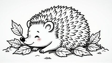 Adorable Hedgehog Illustration Cute Cartoon Hedgehog Surrounded by Leaves - Black and White Line Art