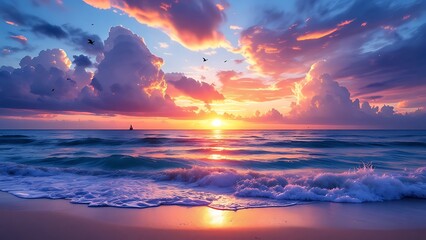 Obraz premium Dramatic golden sunset spreading across expansive dune beach with gentle waves and a serene shoreline horizon