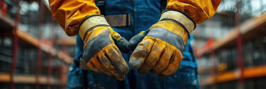 A close-up of gloved hands gripping an object, showcasing safety gloves worn by a worker in an industrial setting, emphasizing hard work and protection.